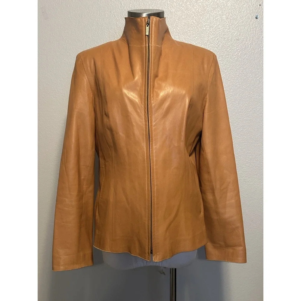 COLE HAAN 100%‎ Lambskin Leather Wing Collar Zip Jacket Camel Beige Women Sz 14